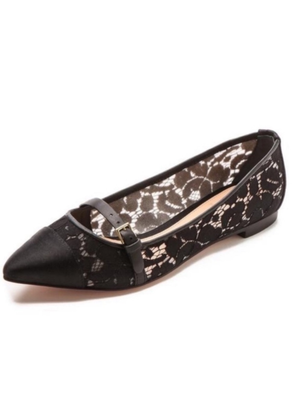 Tory Burch Black Sutton Pointed Toe Camellia Lace Satin Flats